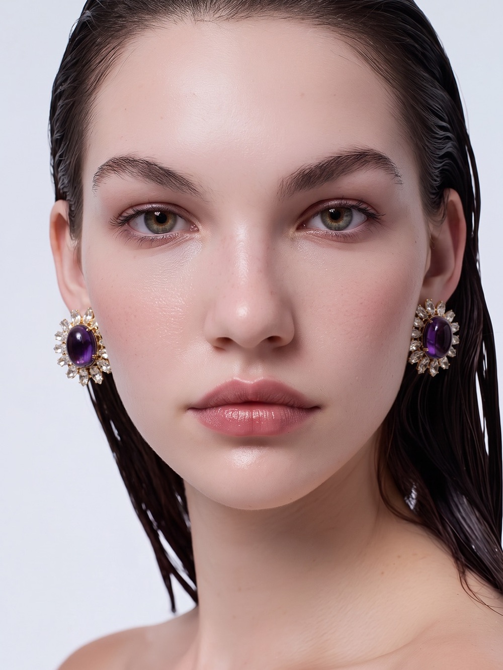 Catwalk Jon Elegant Gold-Plated Purple Stone Cluster Earrings